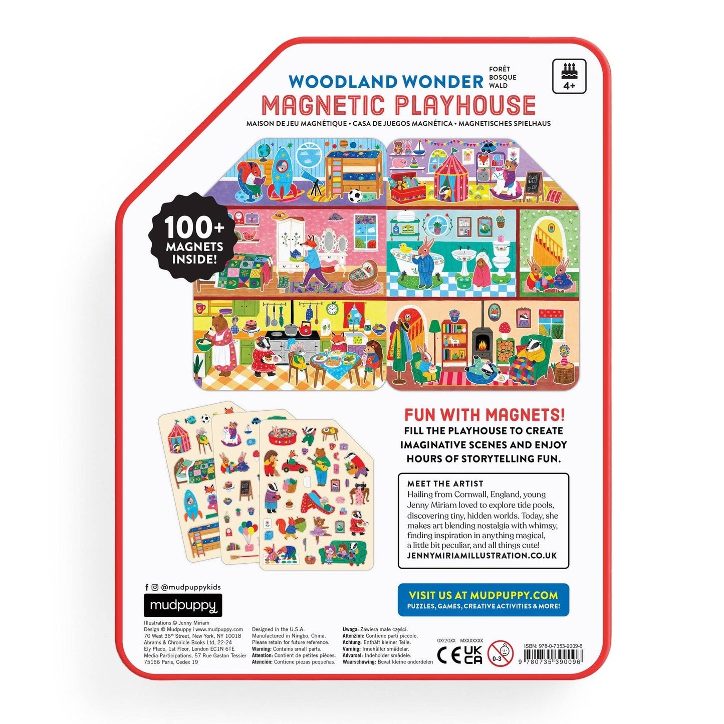 Magnetic playhouse packaging with colorful illustrations and text on a white background