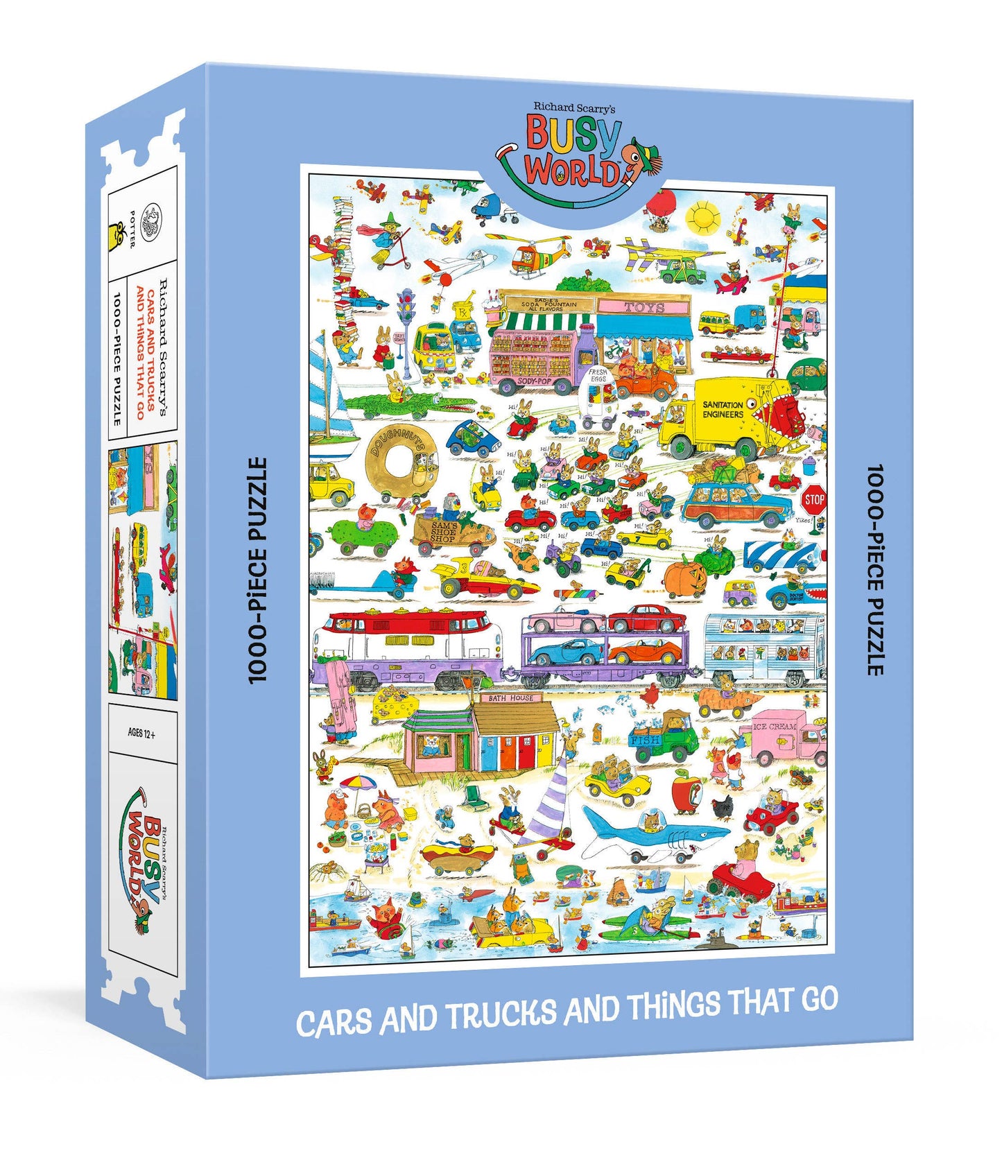 Puzzle box with colorful illustrations of cars, trucks, and other vehicles on a blue background