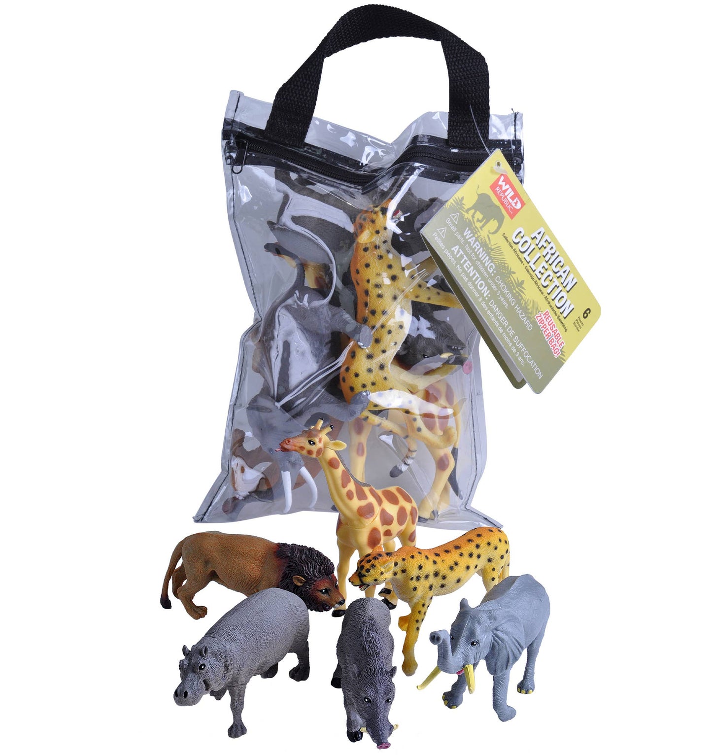 Set of toy animal figures in a clear bag with a handle, featuring a lion, giraffe, zebra, and rhinoceros.