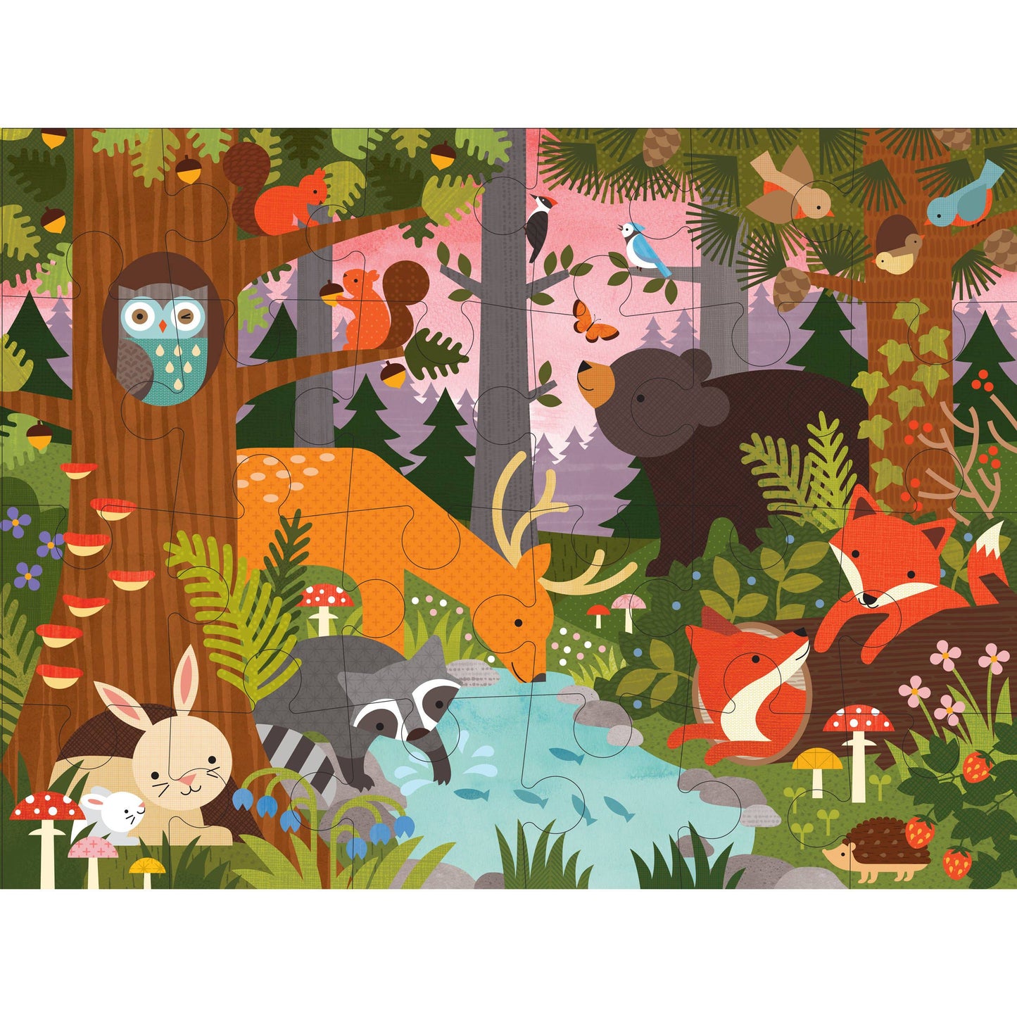 A 24-piece floor puzzle with an illustration of an enchanted woodland scene, including animals like deer, bears, foxes, and rabbits.