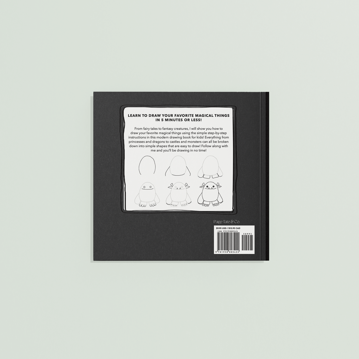 Black back cover of a How to Draw Magical Things for Kids on a light green background