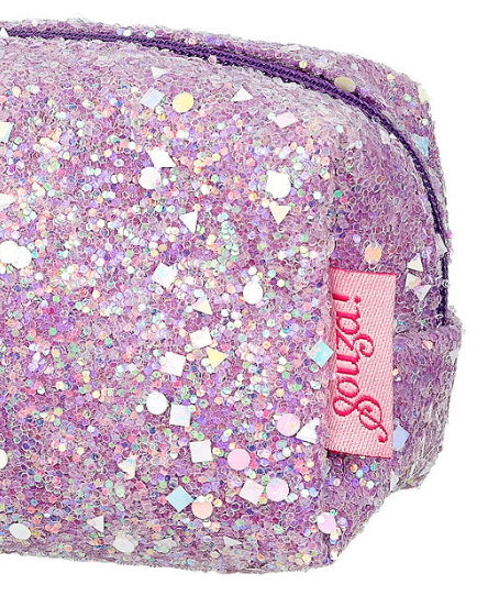 Glittery purple pouch with a visible brand logo on a white background
