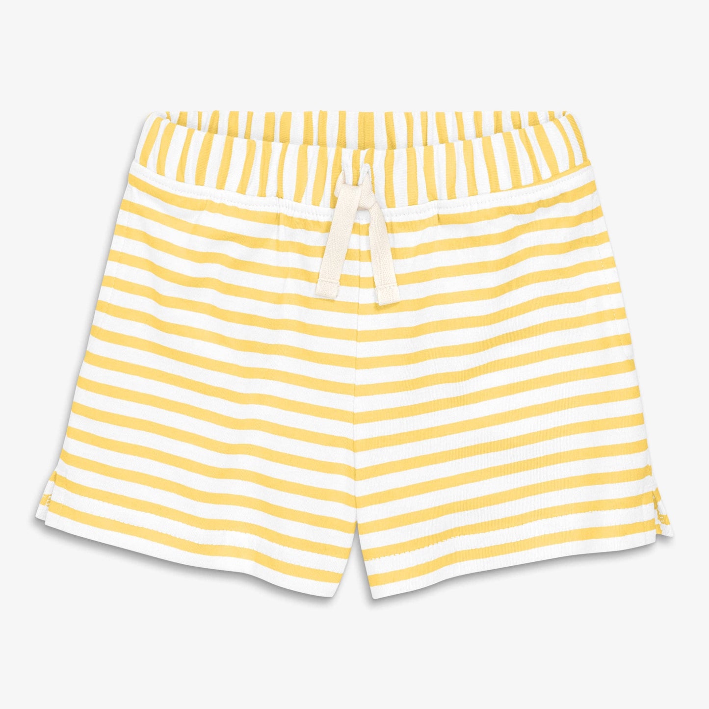 Yellow and white striped shorts on a light gray background