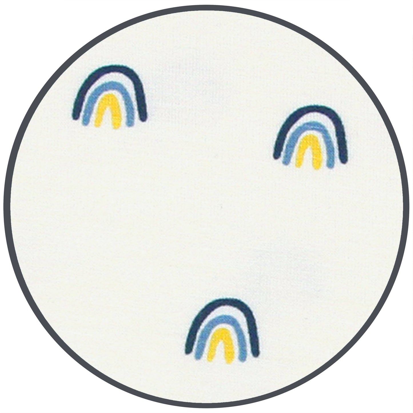Close up of cream-colored baby mittens with a blue and orange rainbows.