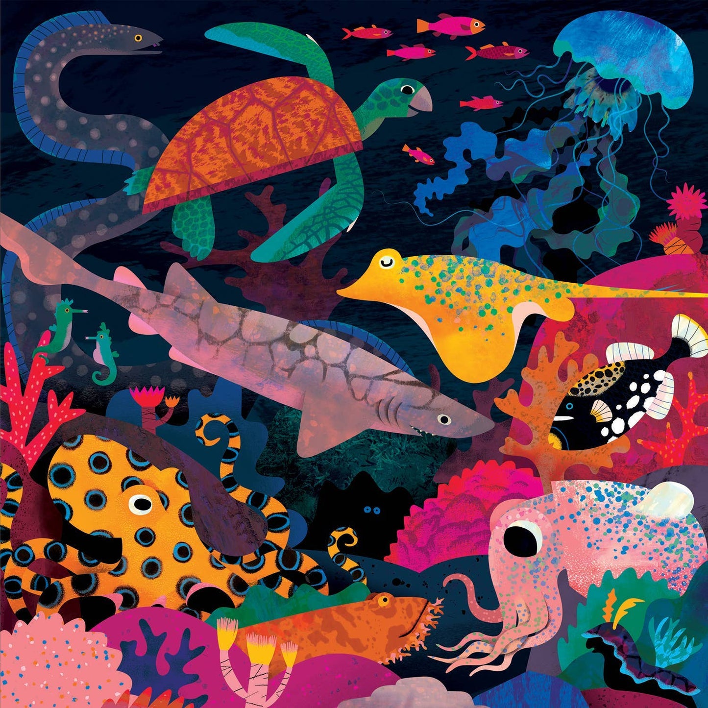 Colorful illustration of various sea creatures on a dark background