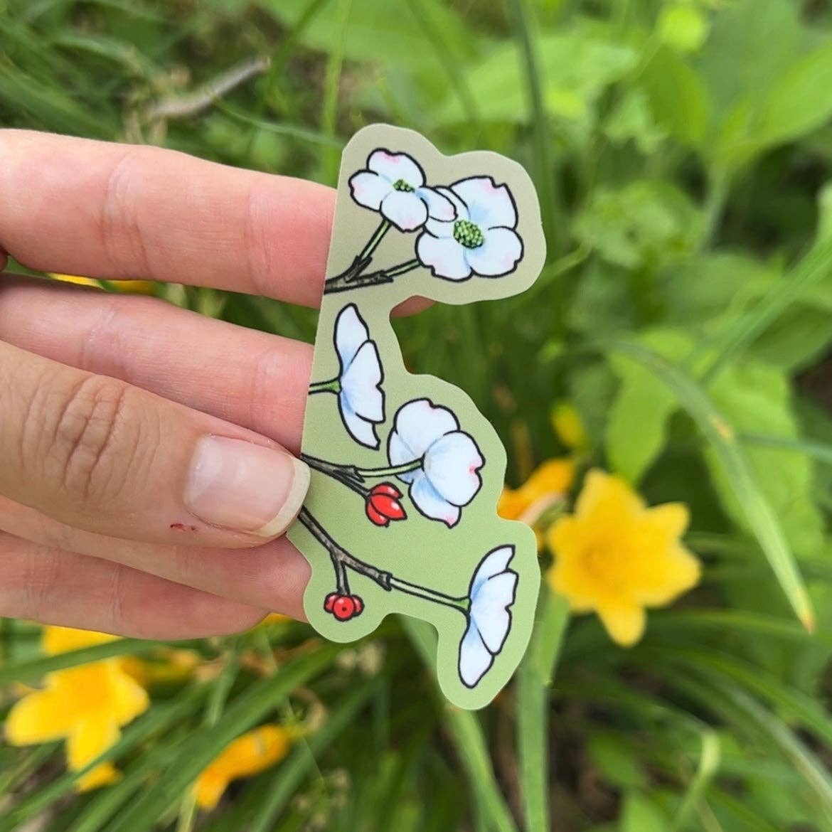 Hand holding a floral sticker with a natural background of greenery and flowers.