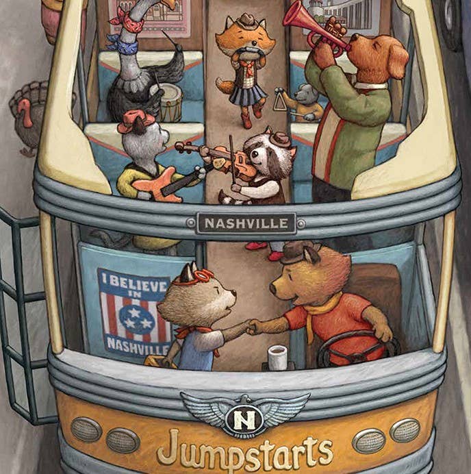 Animals are playing instruments and riding on a tour bus.