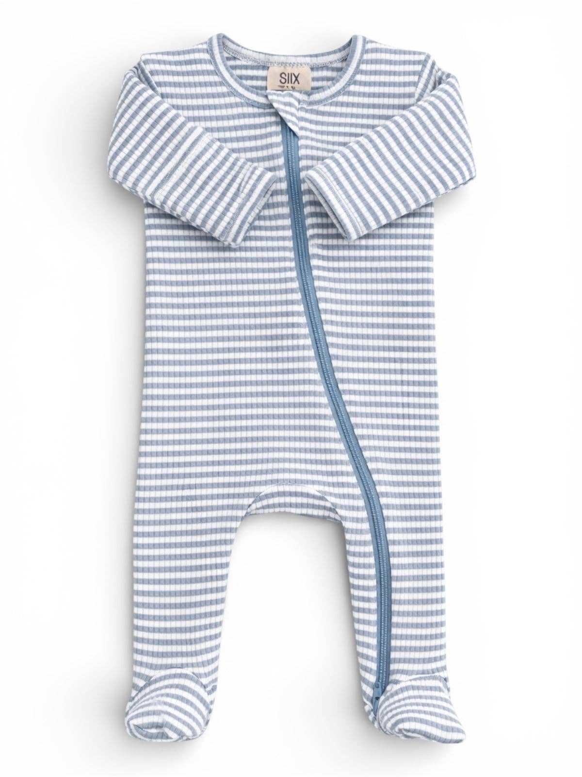 Blue and white striped baby onesie with a collar on a white background