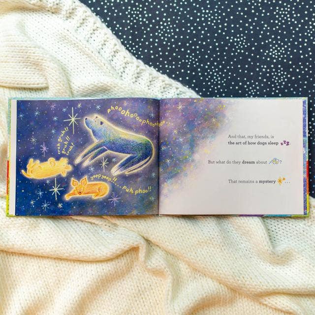 Open book with illustrations of a frog and a dog on a textured surface with a starry night background.