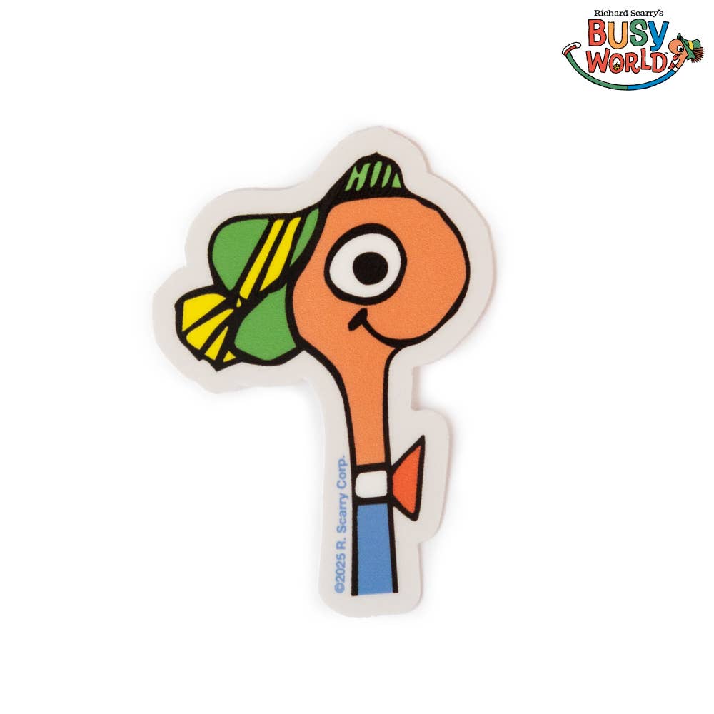 Colorful character sticker with a green and yellow hat on a white background, featuring 'Richard Scarry's Busy World' logo.