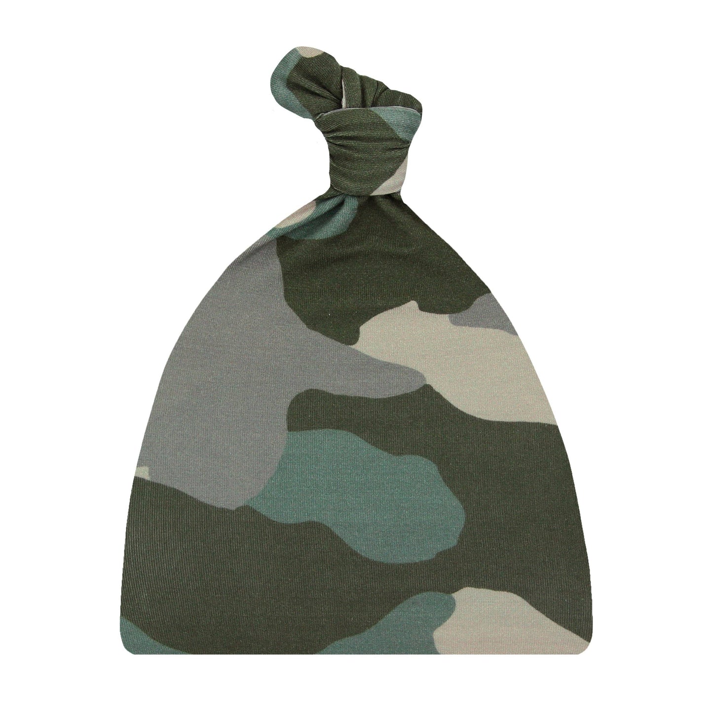 A camouflage top knot hat with a tied knot at the top, on a white background.
