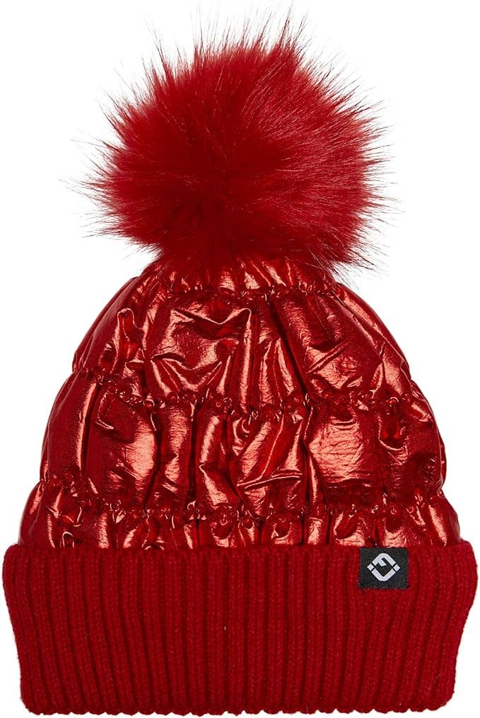 Kids Puffer Faux Fur Pom Beanie - Red