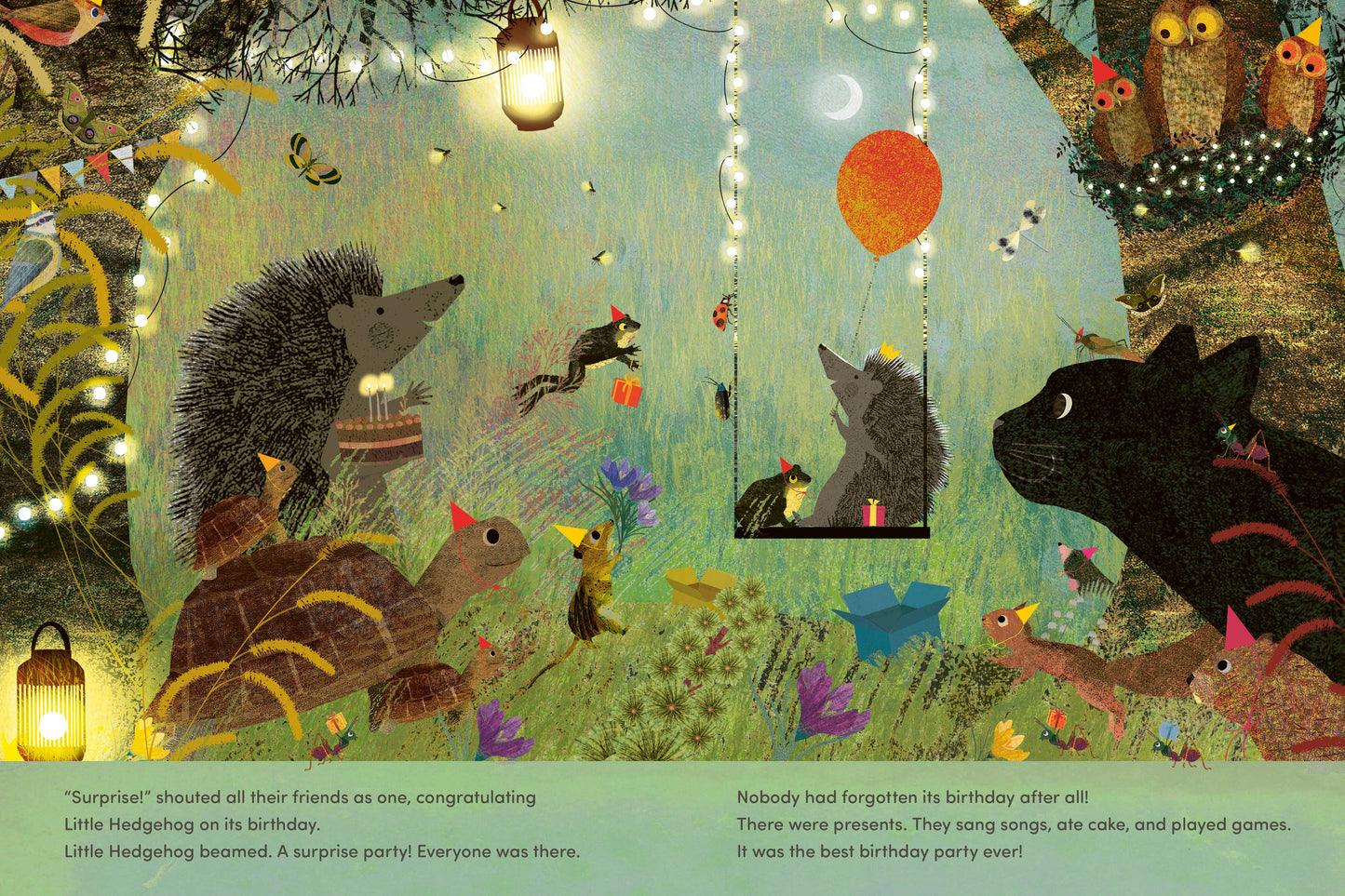 Illustration of animals celebrating a birthday with lights and decorations.