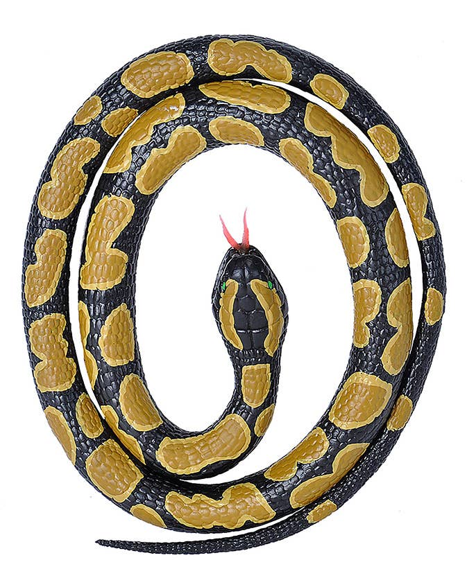 Toy snake with black and yellow pattern on a white background