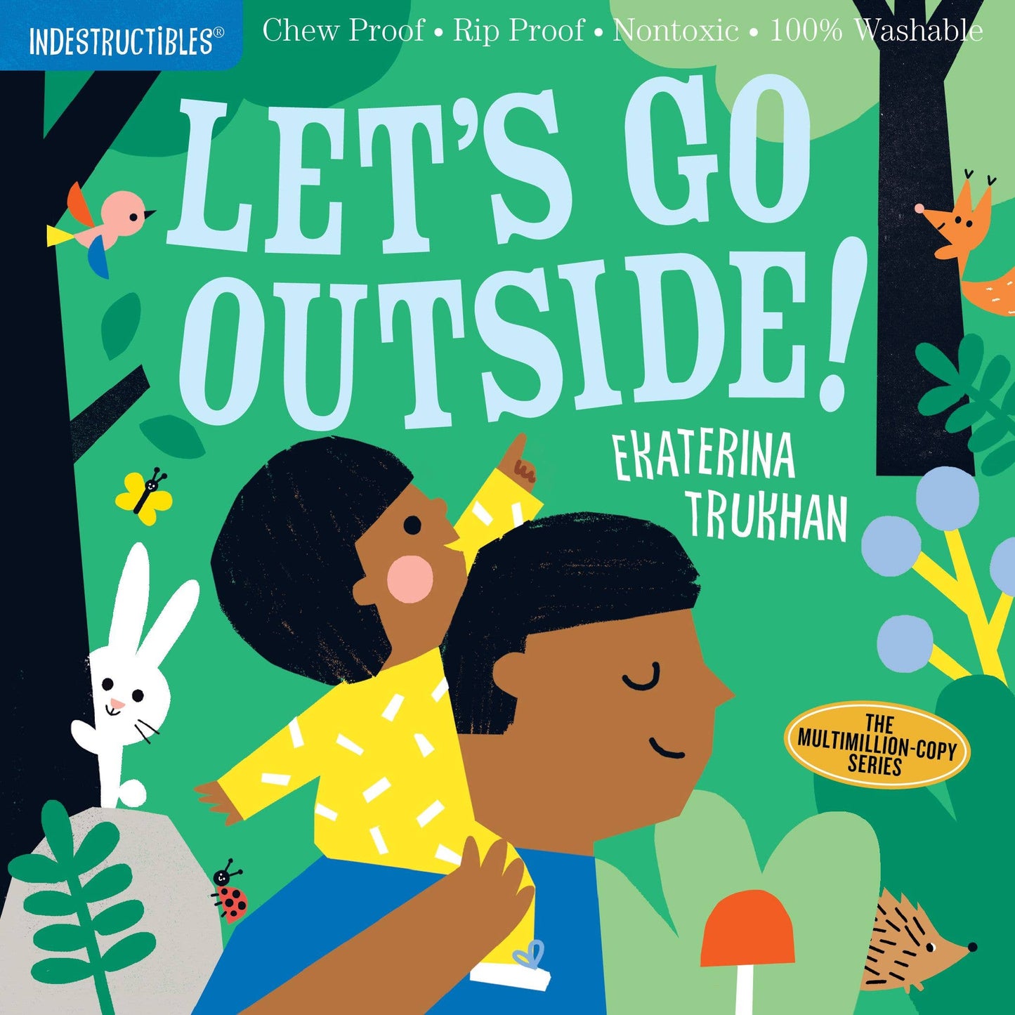 A colorful cover of the book 'Let's Go Outside!' by Ekaterina Trukhan, featuring illustrations of a diverse group of children playing outdoors, with plants and a blue sky in the background. The book is part of the 'Indestructibles' series and highlights features such as being chew proof, rip proof, non-toxic, and 100% washable.