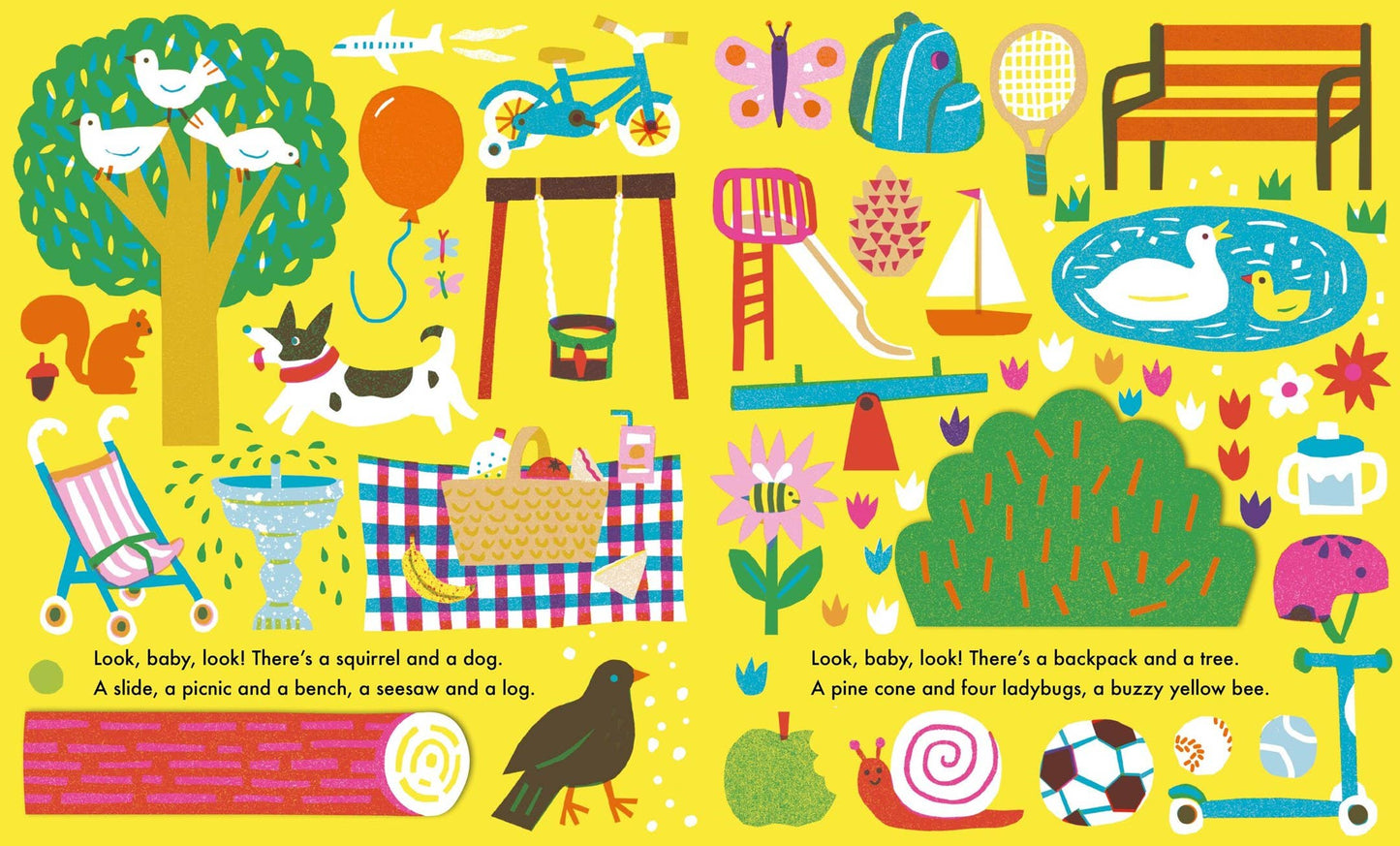 Colorful illustration of various outdoor objects on a yellow background