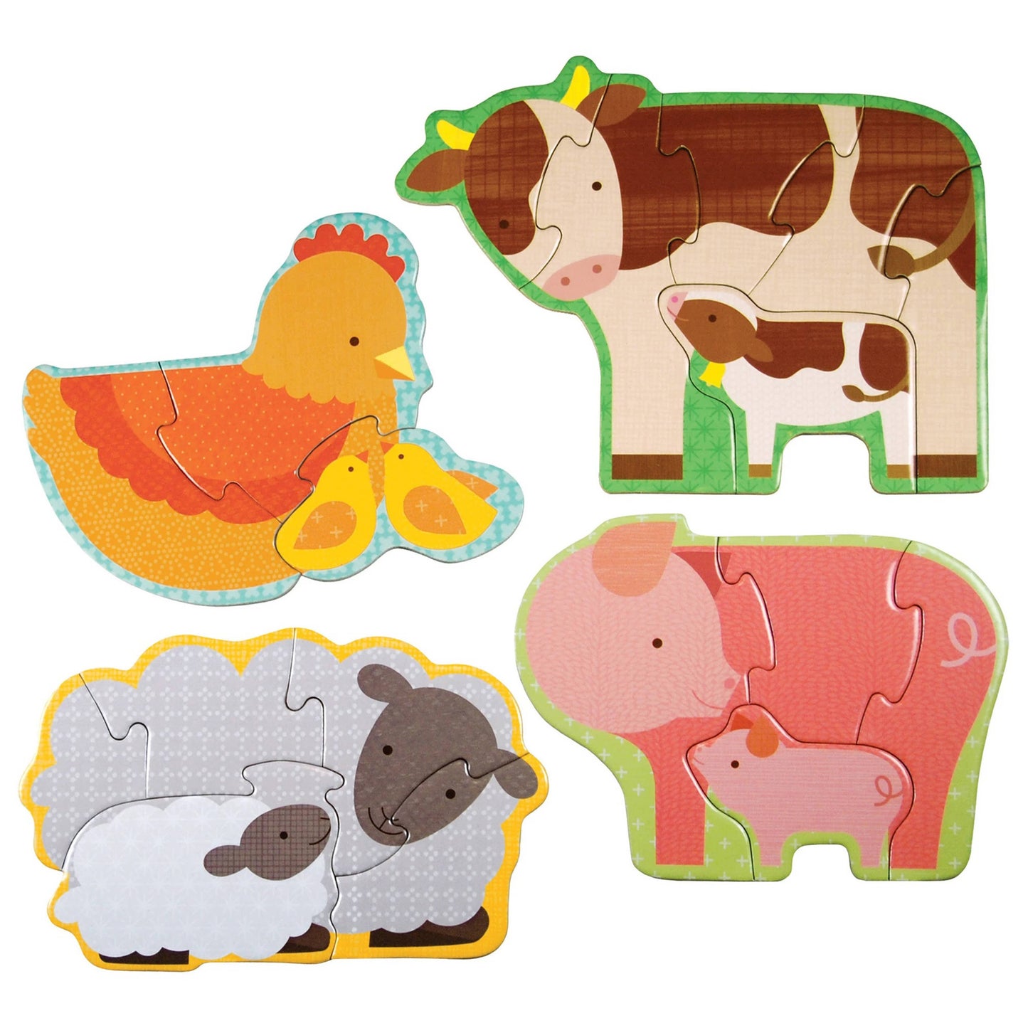 Set of four farm animal puzzles on a white background