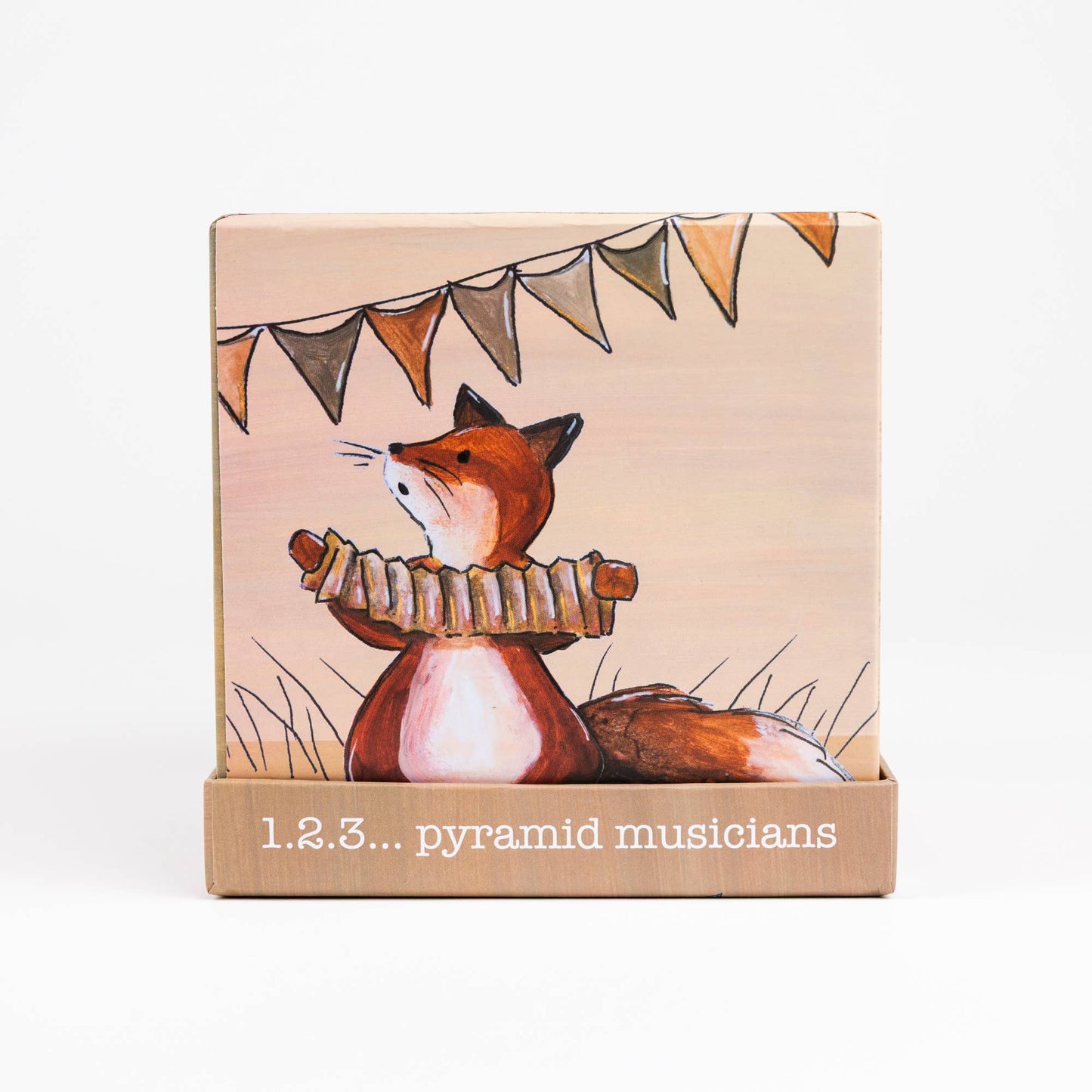 Box with a fox illustration and '1.2.3... pyramid musicians' text on a beige background