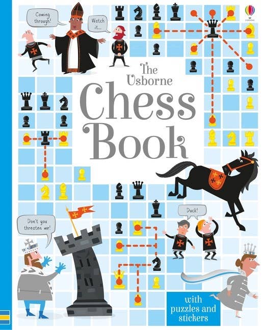 Cover of 'The Usborne Chess Book' featuring illustrations of chess pieces, a castle, and characters playing chess, with the title and 'with puzzles and stickers' text displayed.