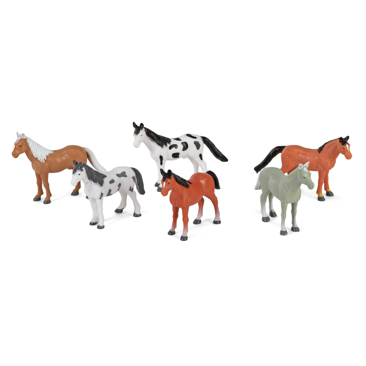 Set of six horse figurines in various colors on a white background