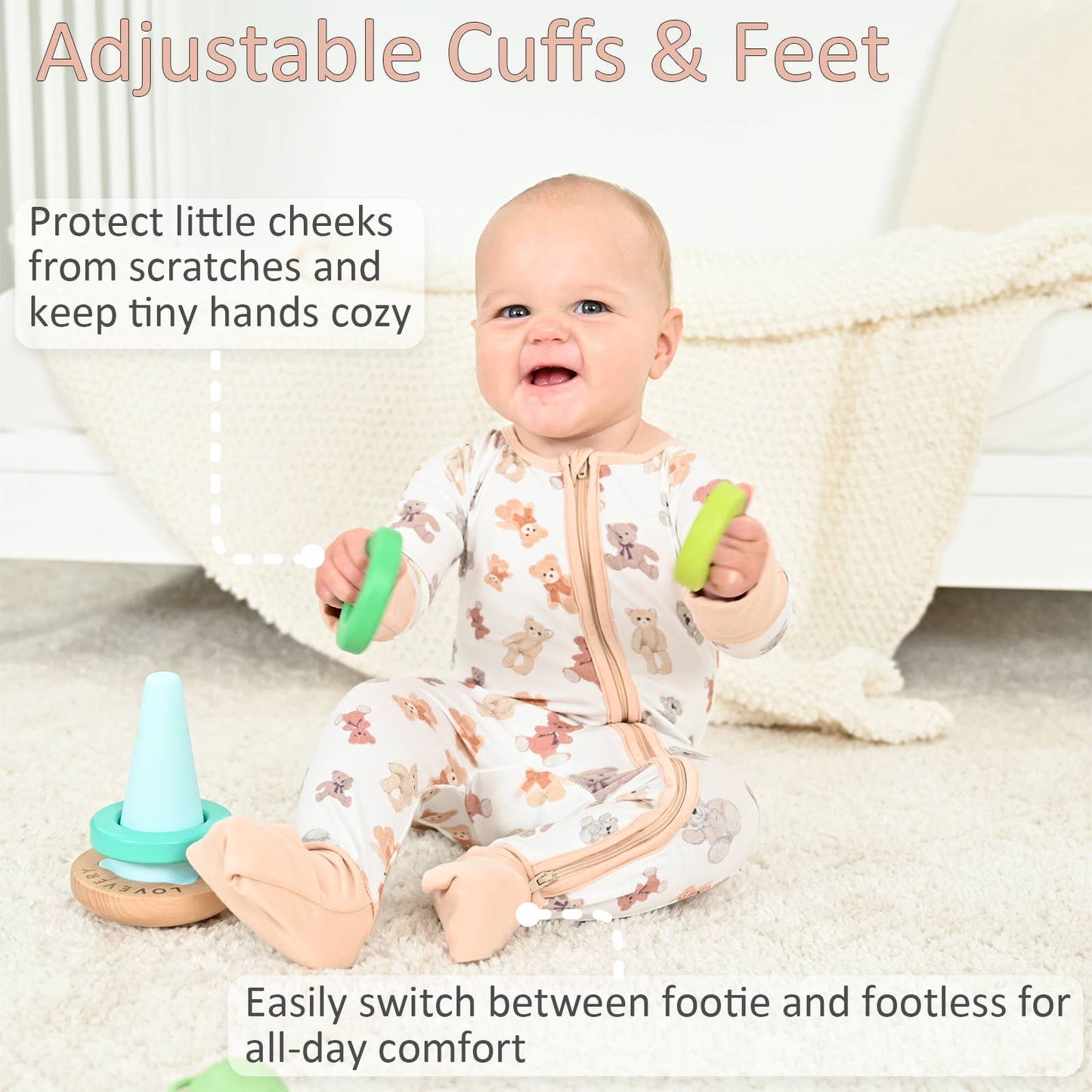 Baby wearing a footie pajama with adjustable cuffs and feet, sitting on a carpeted floor.