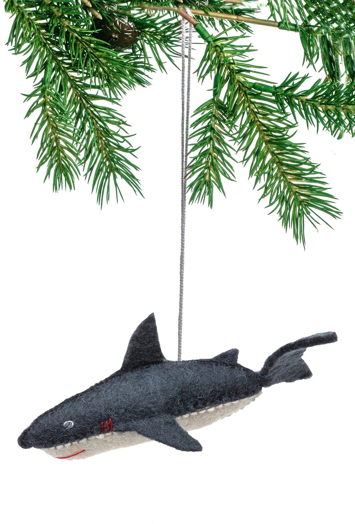 A felt shark Christmas ornament hanging from a pine tree branch against a white background.