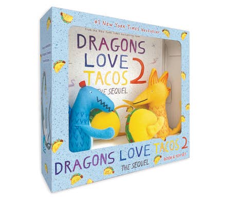 Boxed set of 'Dragons Love Tacos 2' book and toys on a white background