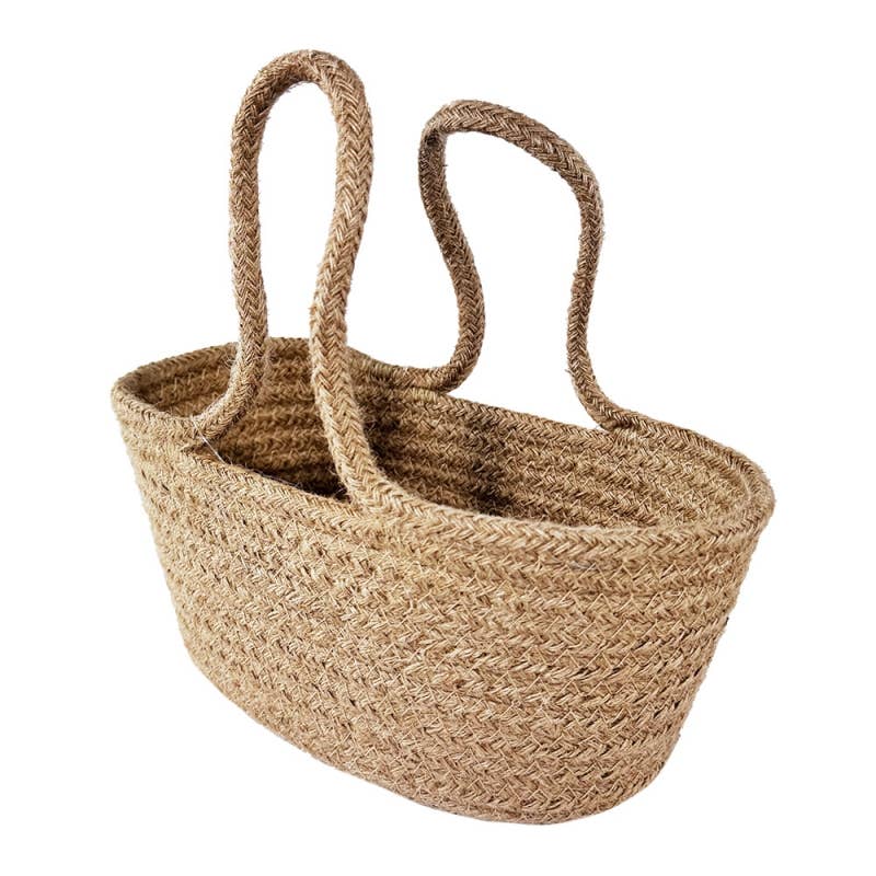 Woven basket with handles on a white background