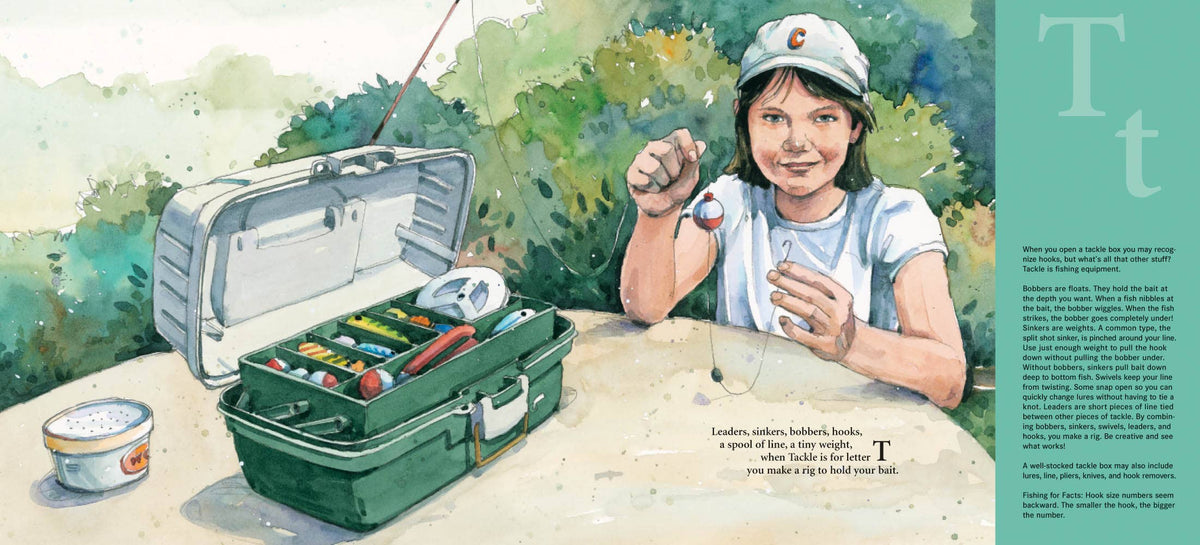 Illustration of a girl with fishing equipment and a tackle box outdoors.