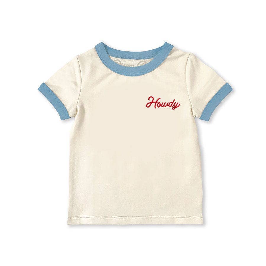 A beige and blue ringer tee with 'Howdy' written on the front.