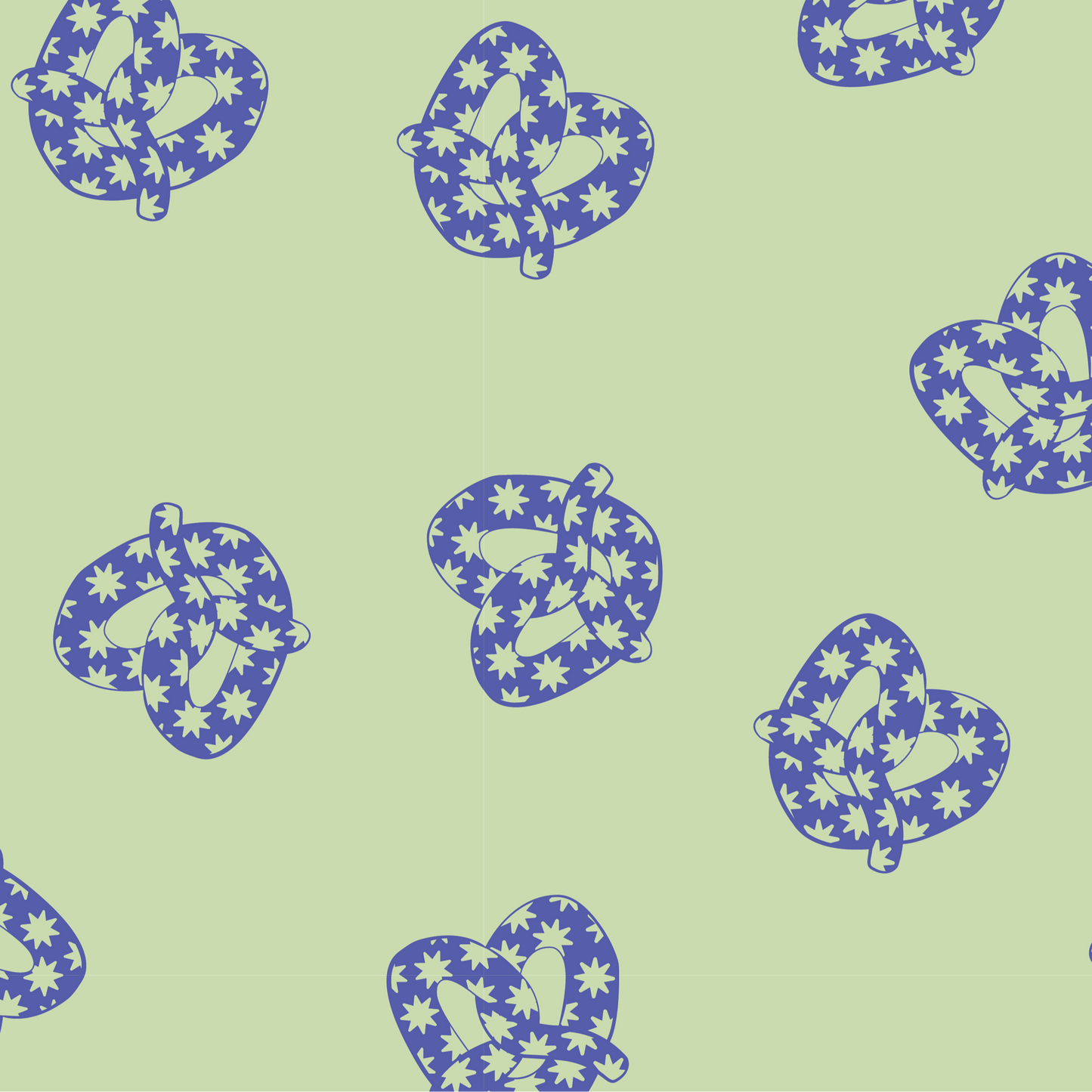 Pattern of purple pretzels with star-like stars on a light green background