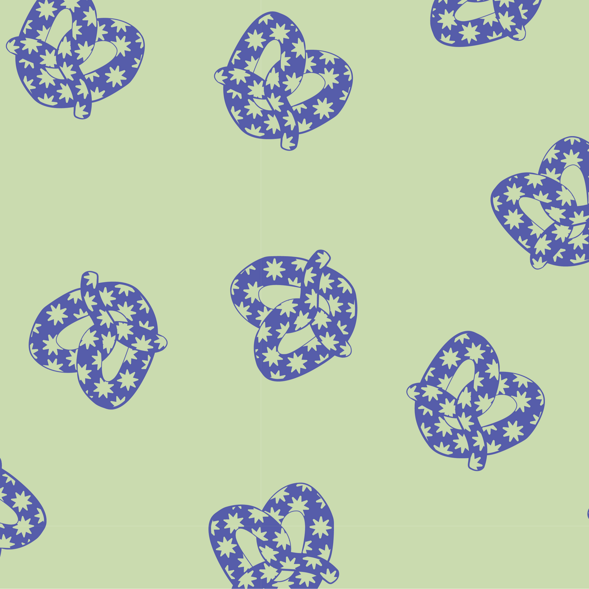 Pattern of purple pretzels with star-like stars on a light green background