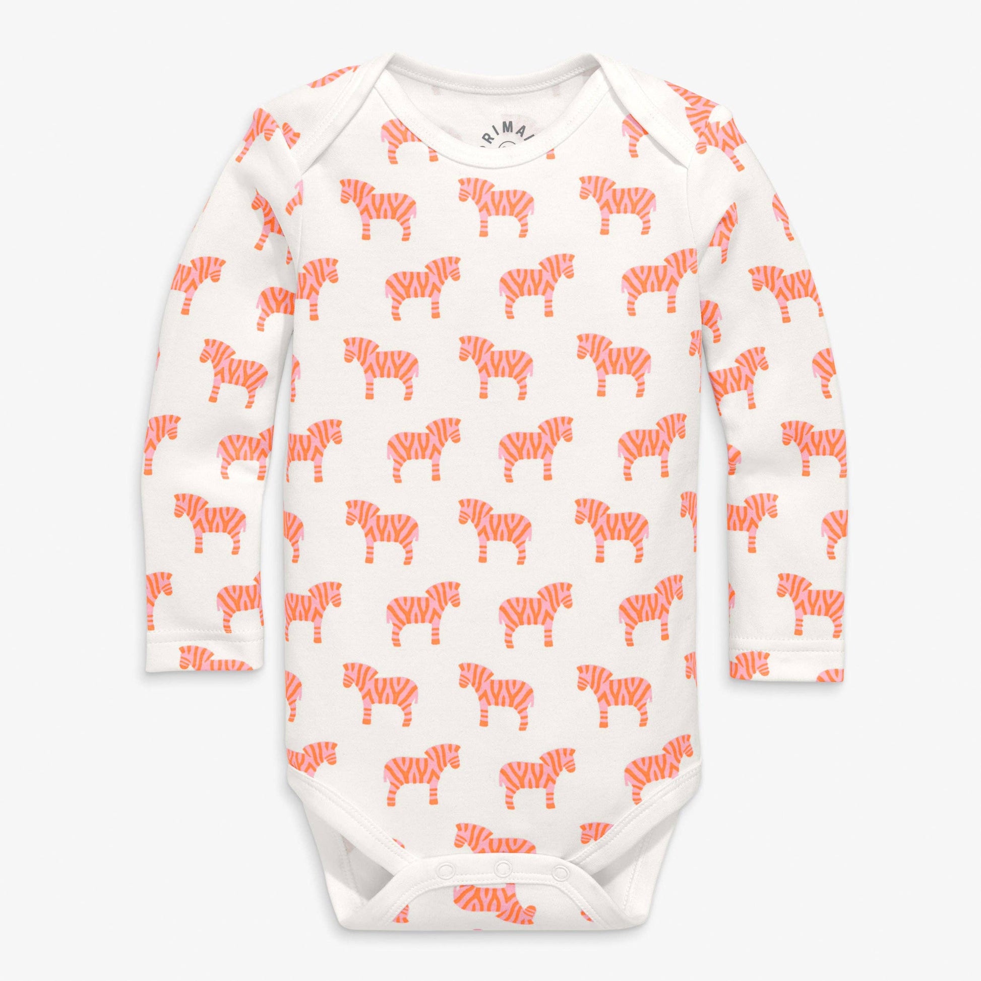 Baby onesie with orange zebra pattern on a white background