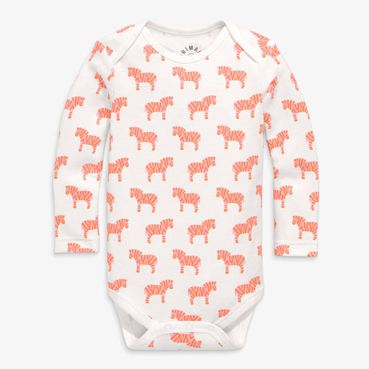 Baby onesie with orange zebra pattern on a white background