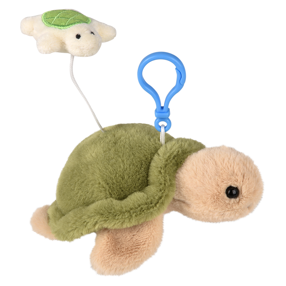 Plush turtle toy with a blue clip on a white background