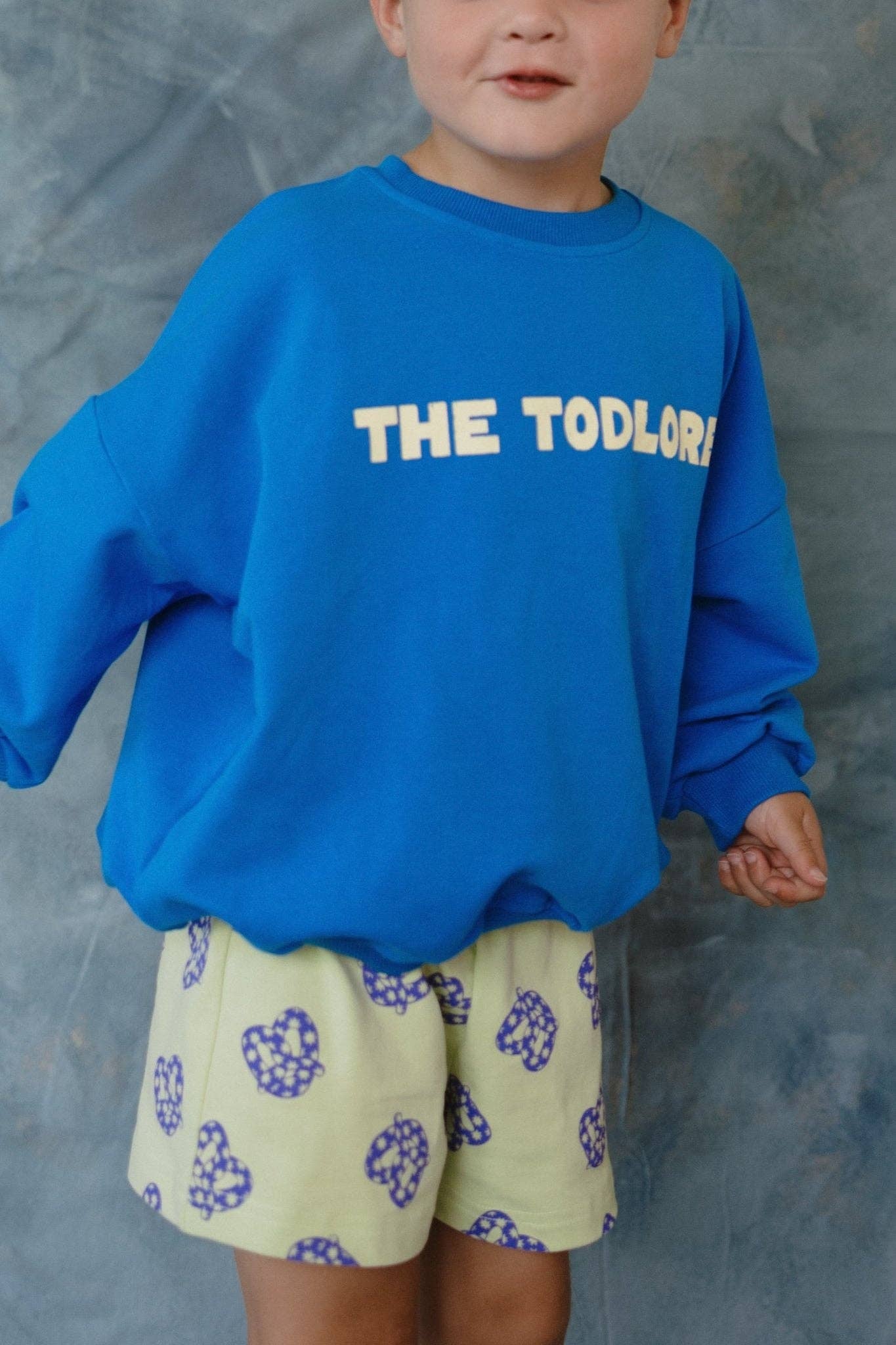 Child wearing a blue sweatshirt with 'THE TODLORES text and patterned shorts against a gray background