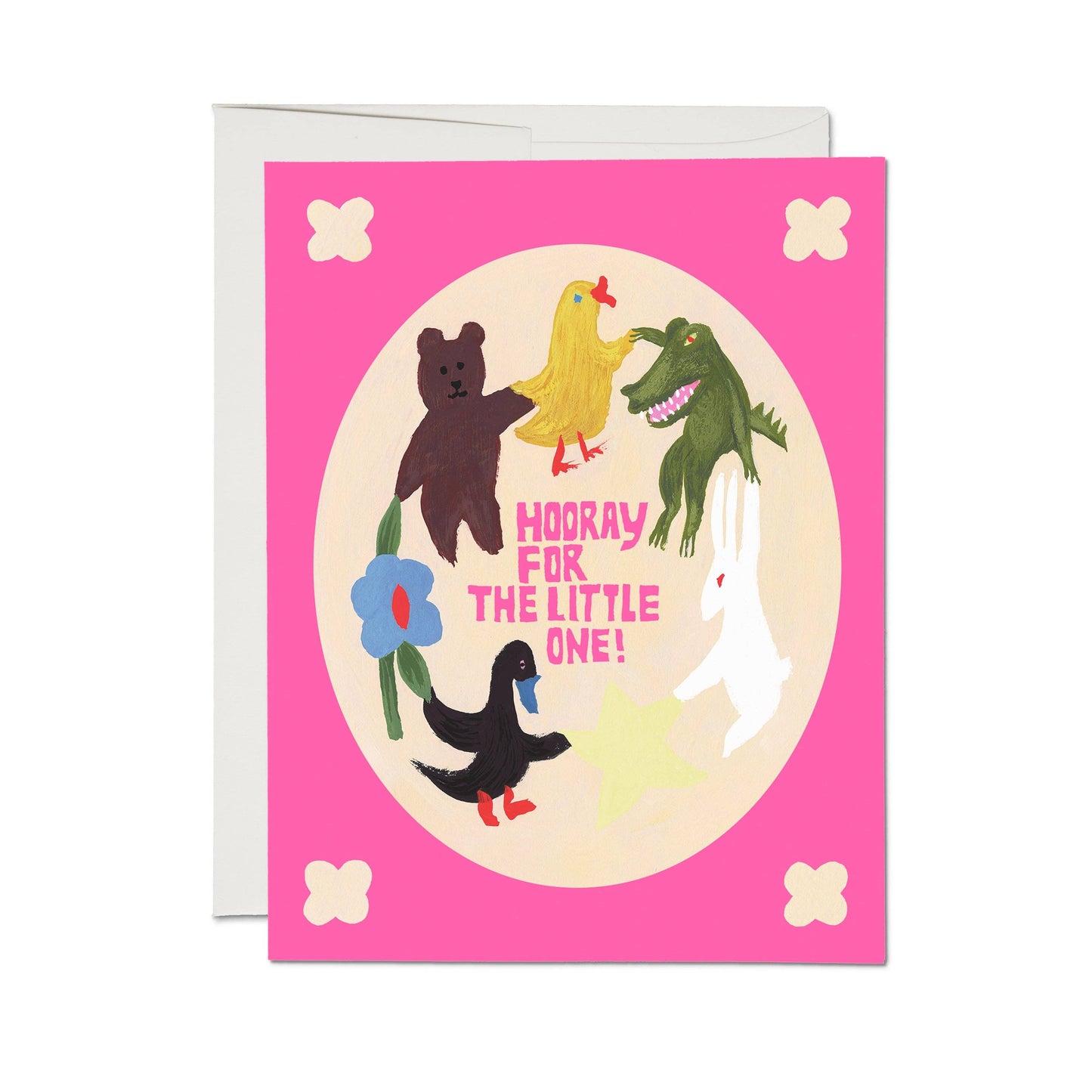 Greeting card with cartoon animals and 'Hooray for the Little One!' text on a pink background