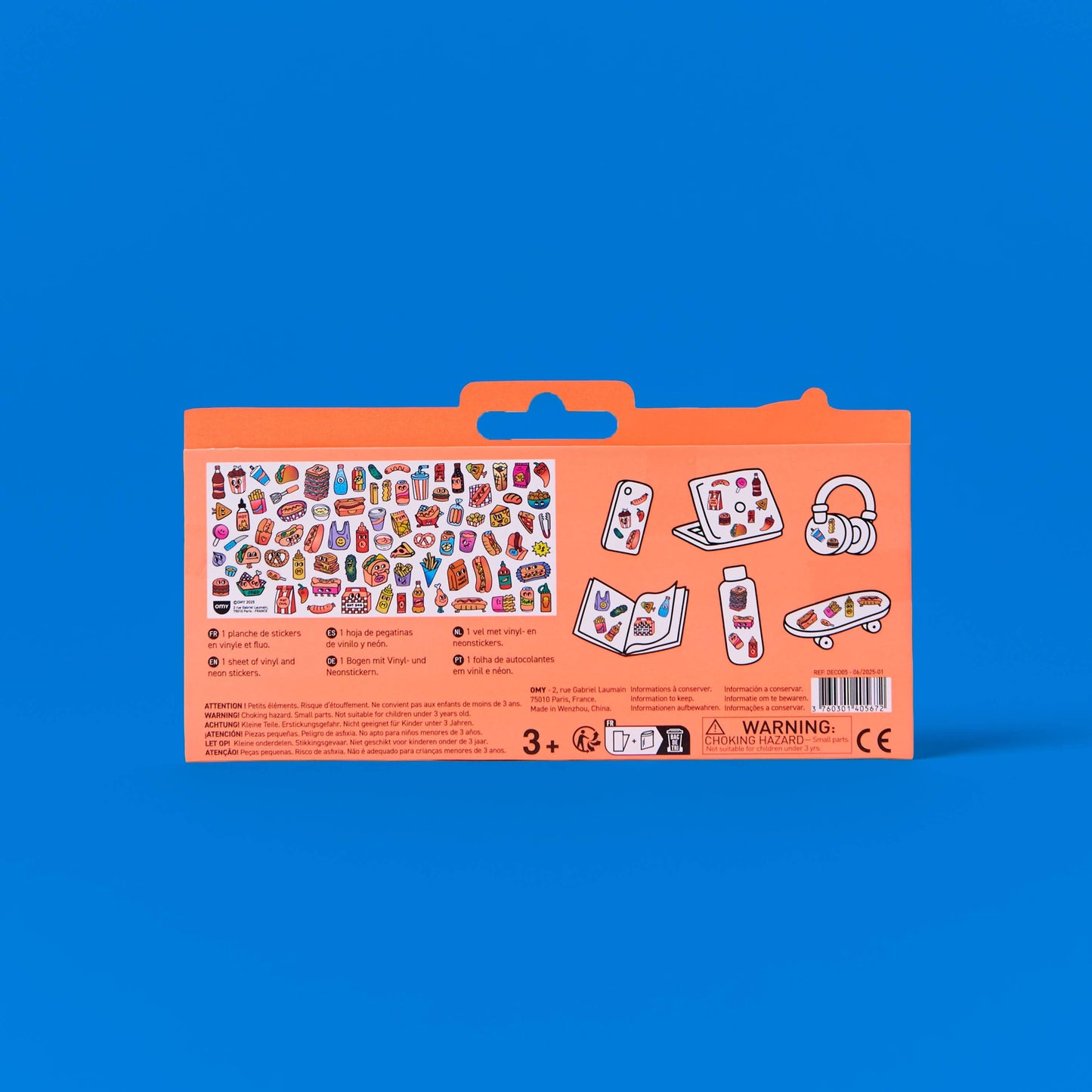 Orange packaging with illustrations on a blue background
