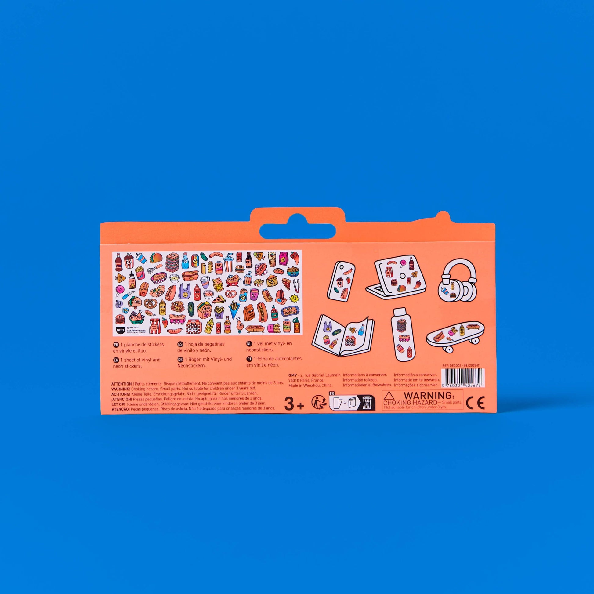 Orange packaging with illustrations on a blue background