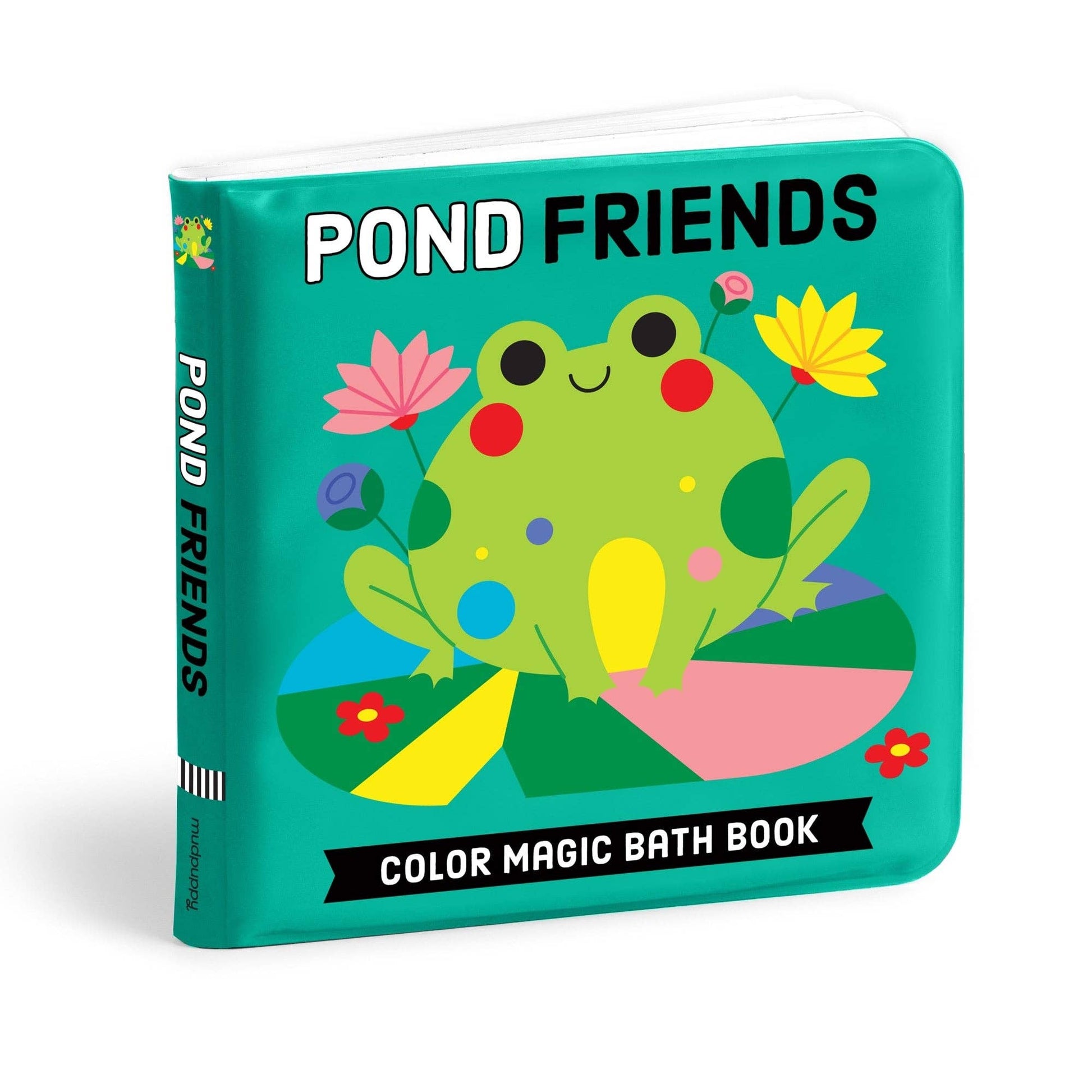 Colorful bath book titled 'Pond Friends' with a frog illustration on a white background