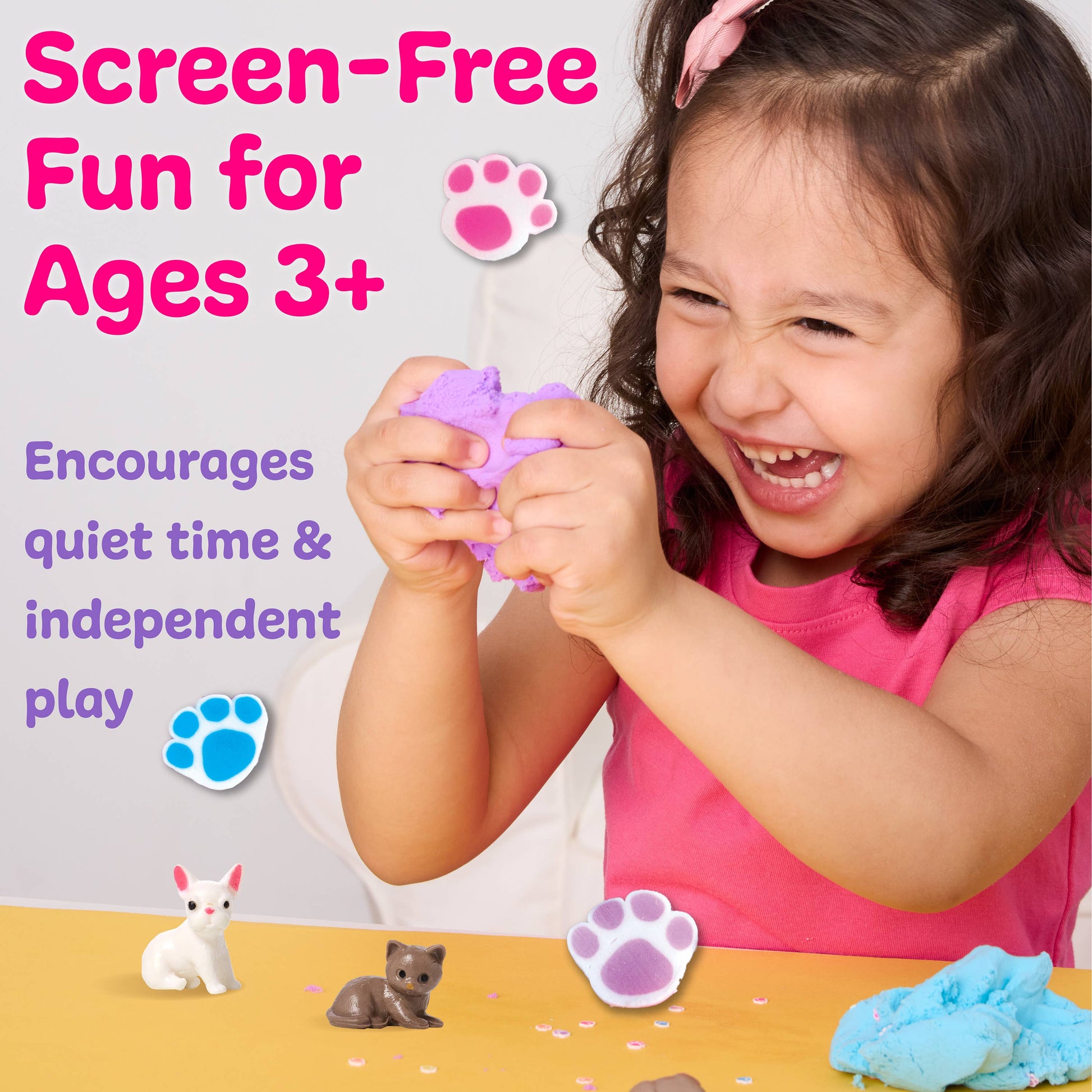 Child playing with a toy, surrounded by text promoting screen-free fun for ages 3 and up.