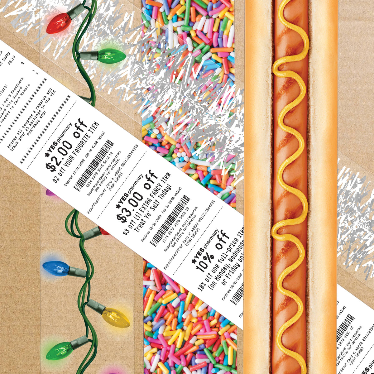 Close-up of a hot dog with mustard, a ticket, and Christmas lights on a cardboard background.