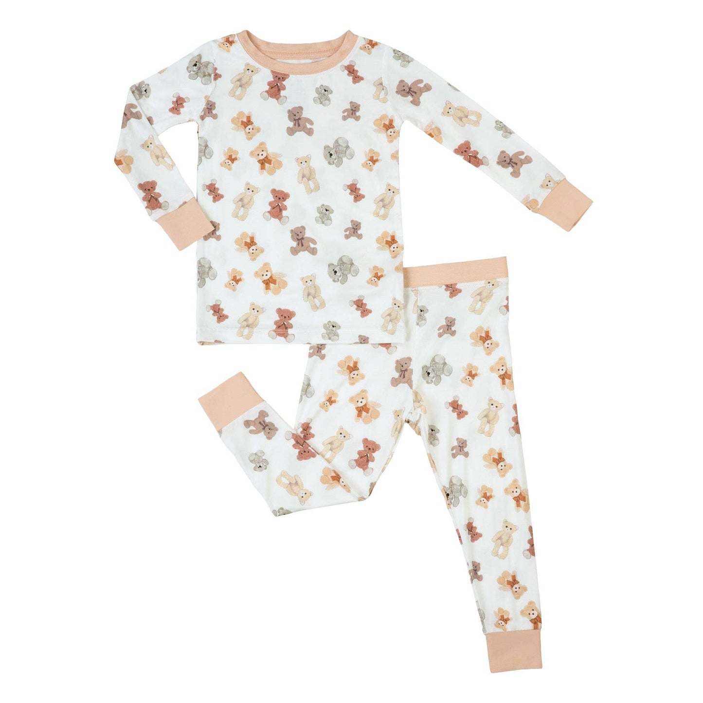 Children's pajama set with teddy bear pattern on a white background