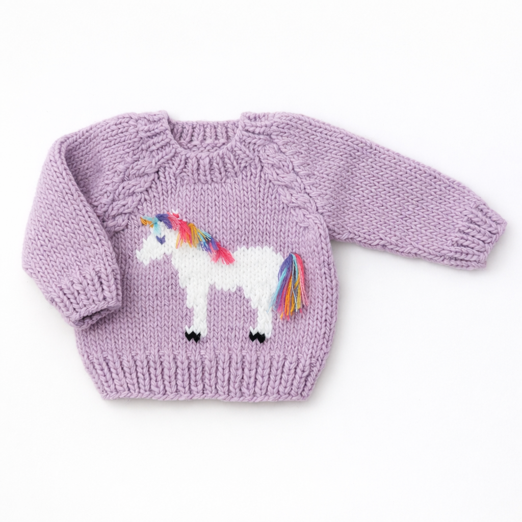 Purple sweater with a unicorn design on a white background