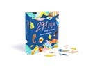 Jigsaw puzzle box with colorful pieces on a white background