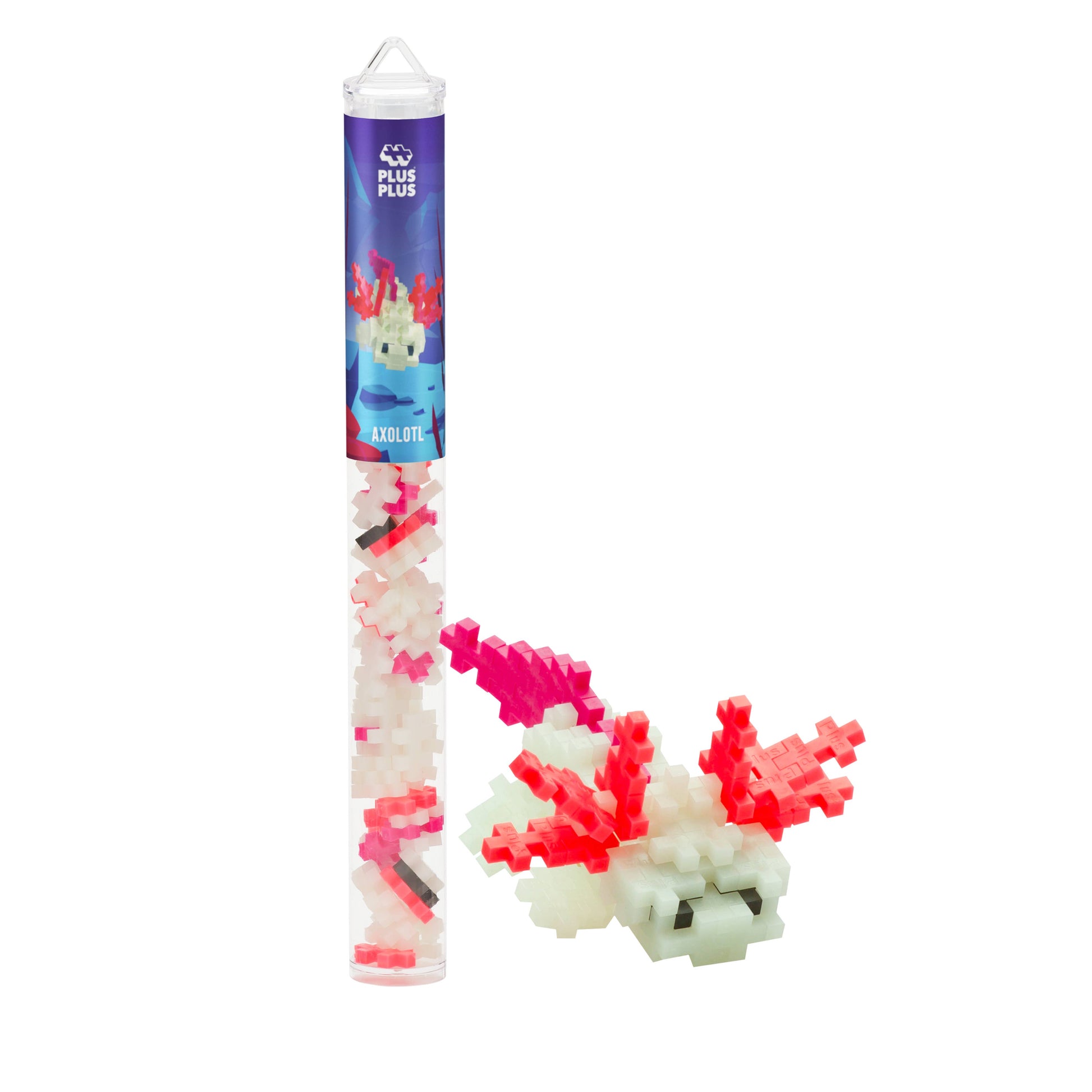 Puzzle figure of an Axolotl with coral-like structure next to its packaging on a white background
