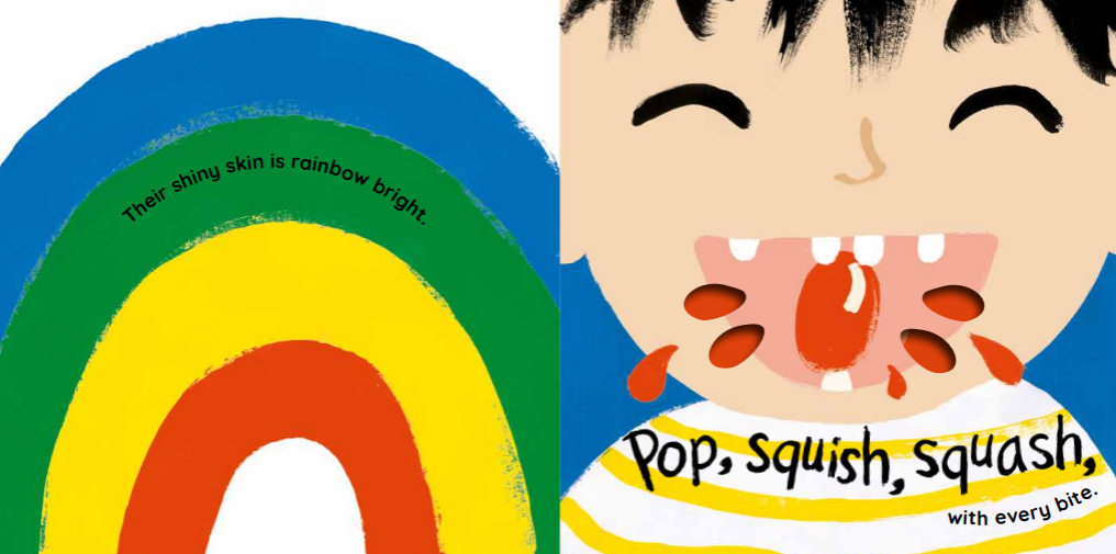 Children's book cover with a rainbow and a child's face, featuring the text 'Pop, Squish, Squash'.