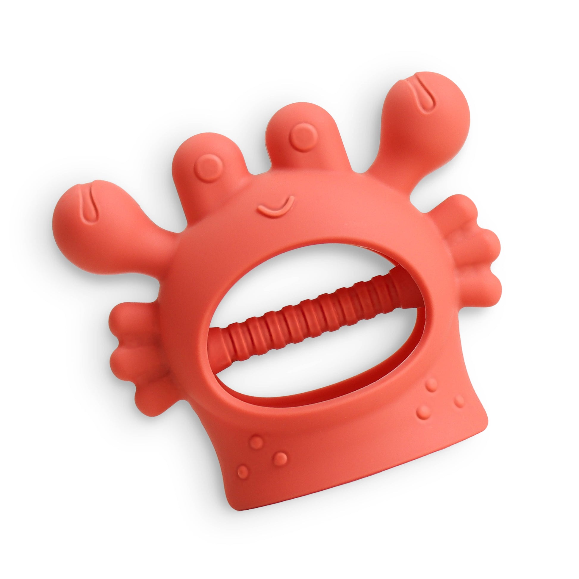 Red silicone teething ring on a white background
