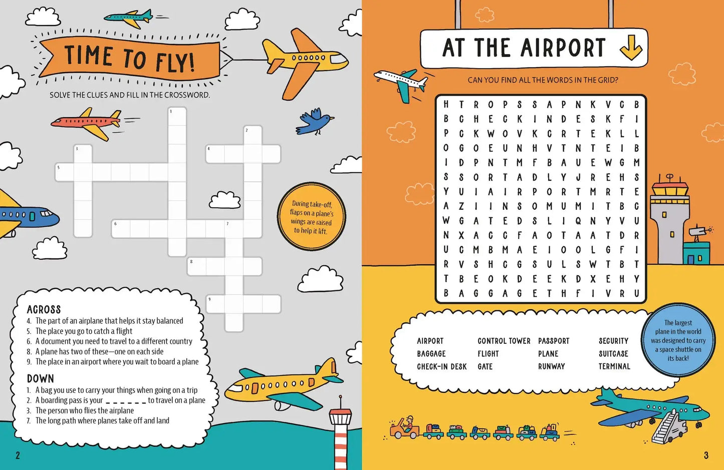 Educational children's page with crossword puzzle and word search at the airport.