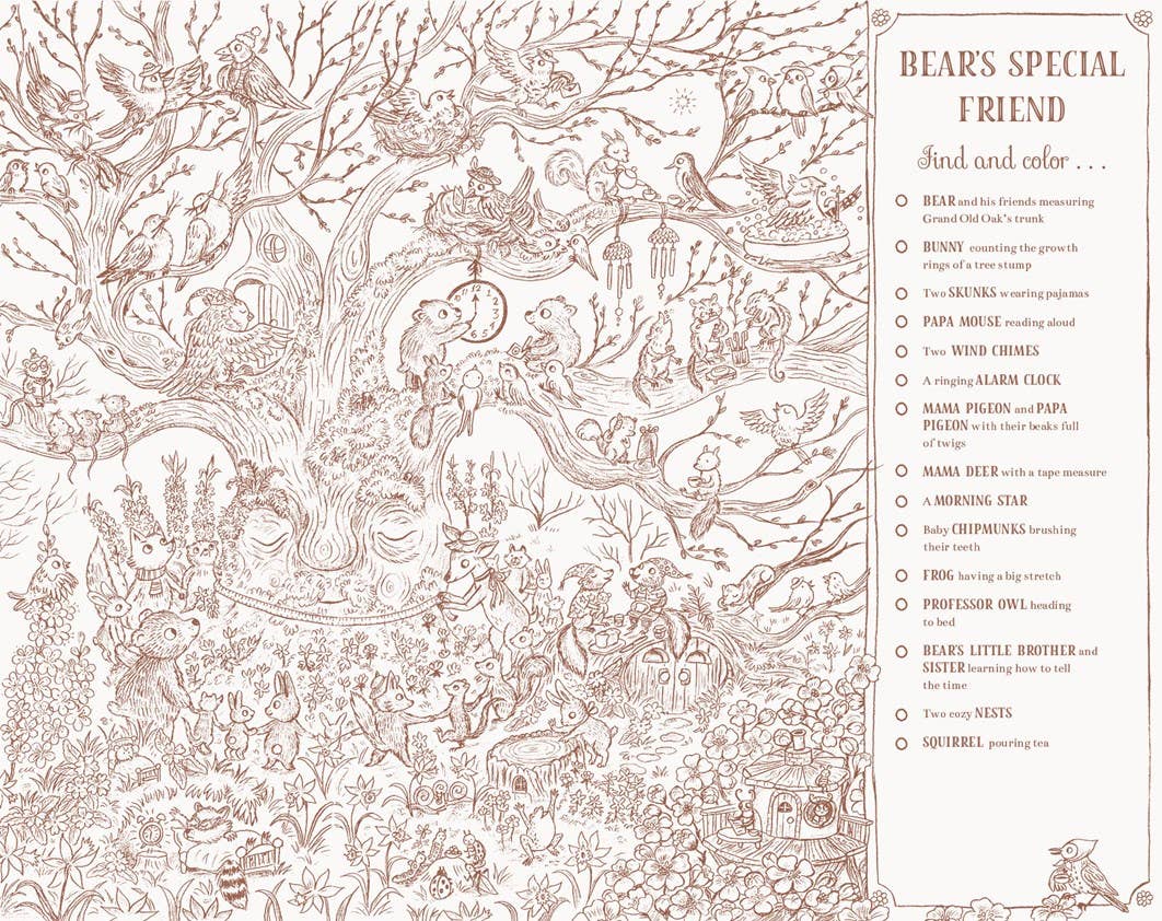 Coloring book page with intricate illustrations of bears and their special friend, featuring a list of items to find and color.